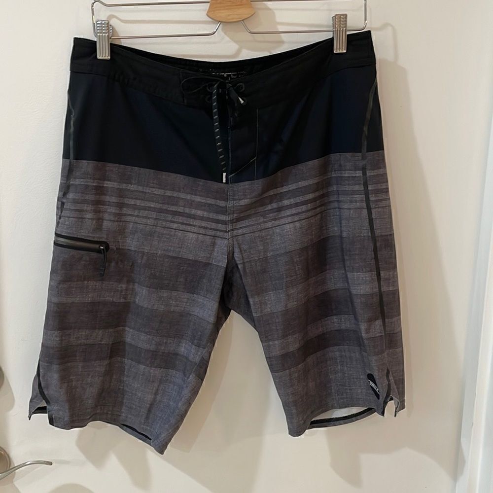 O' NEILL hyperfreak swim boardshorts lace up stretch gray black stripe‎